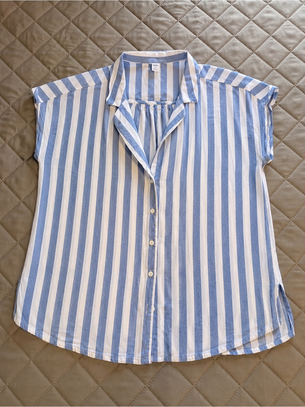 Old Navy Blue & White Striped Linen Blend Cap Sleeve Button Front Blouse  Large